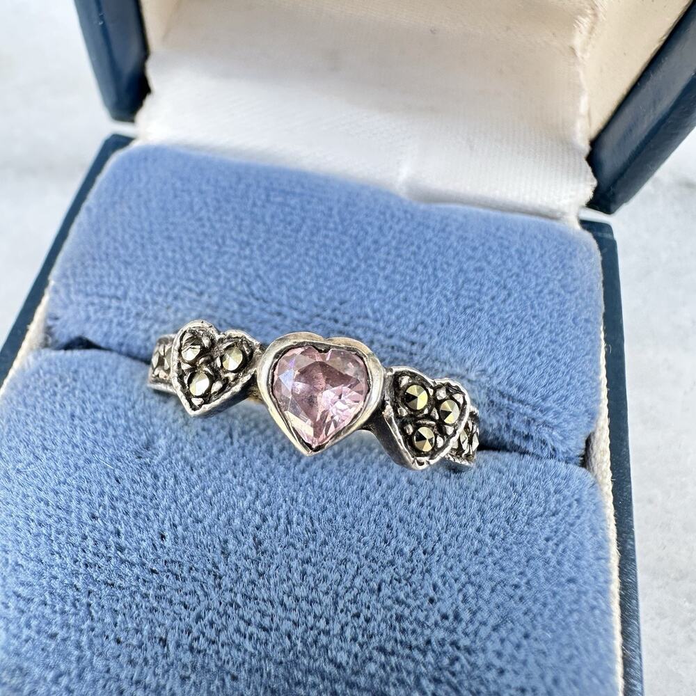 Amethyst Heart Ring Sterling Silver 925 Marcasite Sweetheart Vintage Size 8